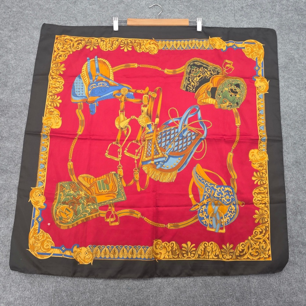 Vintage Equestrian Baroque Square Scarf Red Gold Black Horse Saddle Print 34x34